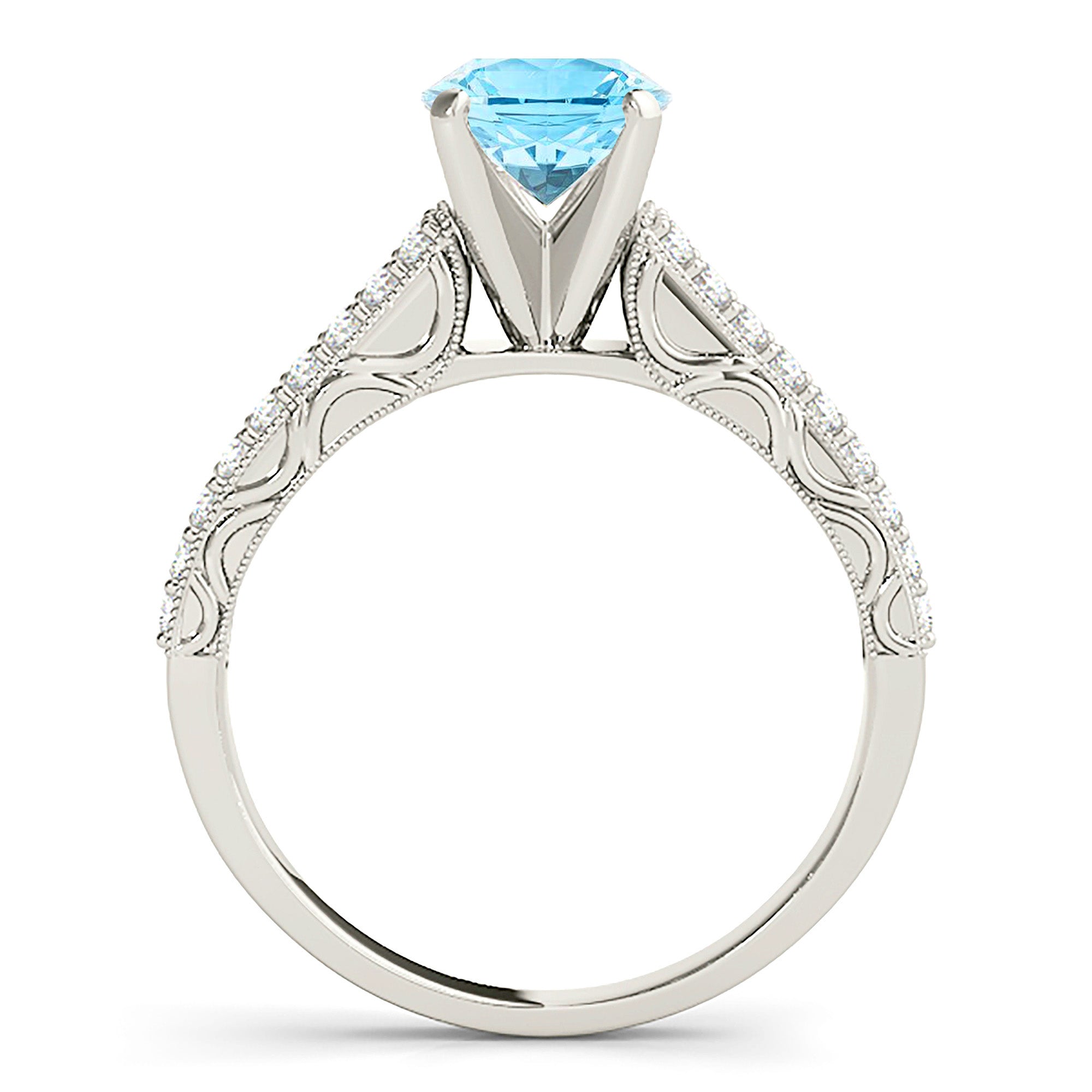 1.10 ct. Genuine Aquamarine Ring with 0.35 ctw. Double Row Diamond Band, Milgrain and Filigree Accents | Round Blue Aquamarine Halo Ring-VIRABYANI
